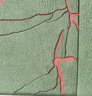 Demi-cuir vert, décor représentant la débacle de la banquise en vert sur un fond rouge.