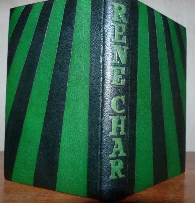 Demi cuir vert foncé, alternance de bandes trapezoidales vertes claires et vertes foncées. Plats, gardes,chemise et étui en cuir. Tête or.