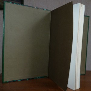 Demi-cuir vert à bandes, papier Annonay vert,chemise incluse dans la boite contenant des dépliants sur le corps humain.