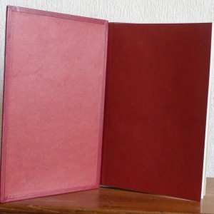 Tome 1, demi-cuir rouge à encadrements, décor découpée dans une dalle de vinyle grise, tranchefile cuir bicolore rouge et grise,charnière cuir, étui triple.
