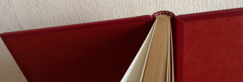 Tome 3, demi-cuir rouge à encadrements, décor découpée dans une dalle de vinyle grise, tranchefile cuir bicolore rouge et grise,charnière cuir, étui triple.
