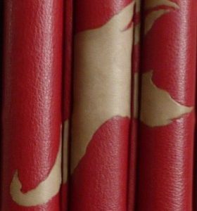 Mosaïque de cuir gris sur les dos des 3 tomes reliés en cuir rouge