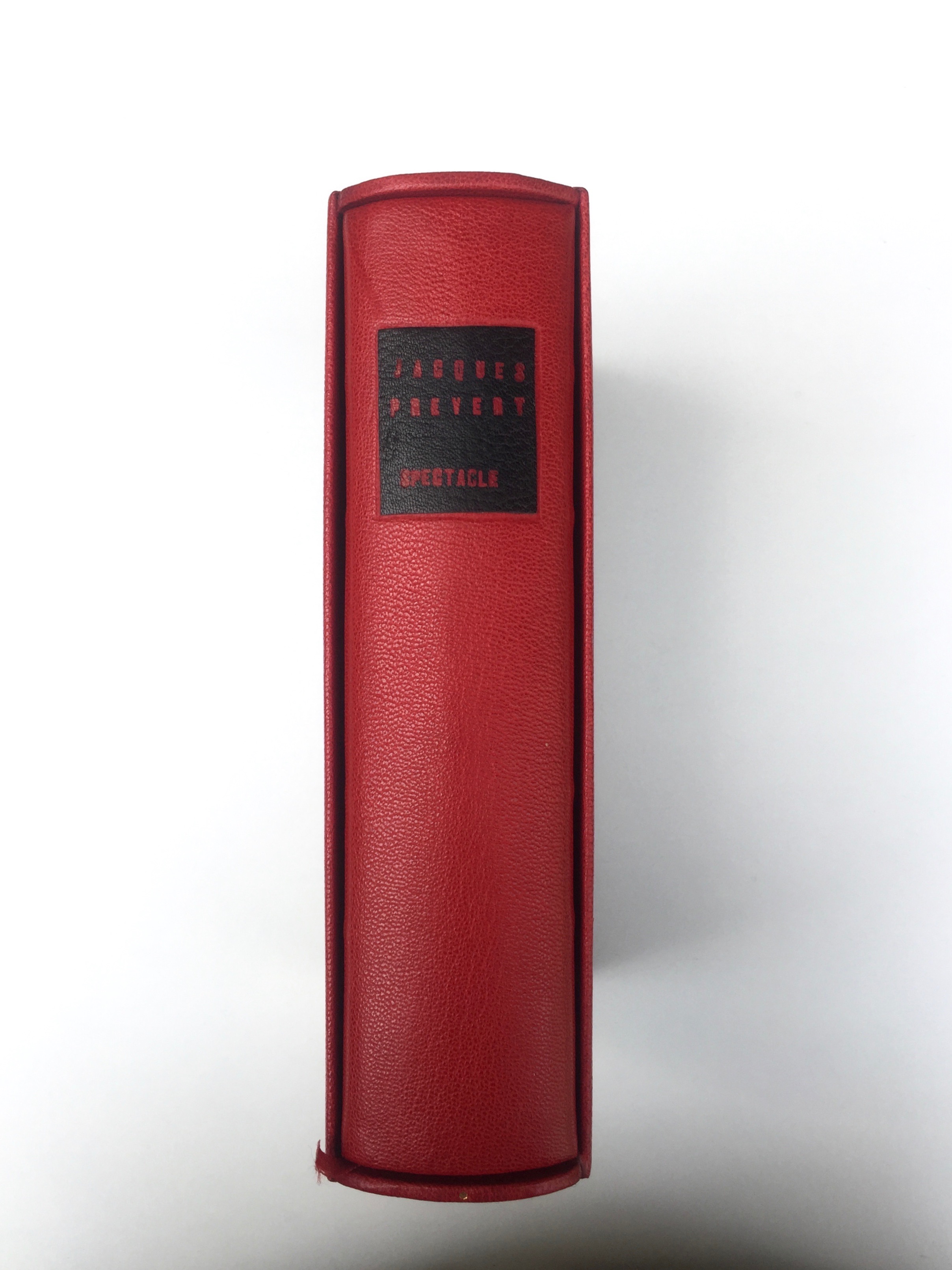 Plein cuir rouge, mosaïques noires évidéées représentant à l'identique le titrage du livre, tranchefile chapiteau bicolore rouge et noire, plats en cuir noir, charnieres en cuir, étui.