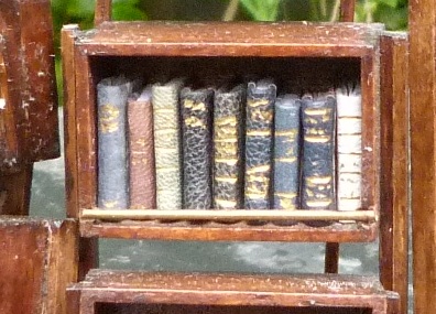 Mini-livres bleus. Mini-bibliothèque en balsa sur pilotis. Chaque élement regroupe des livres de même nature, en général : couleur.