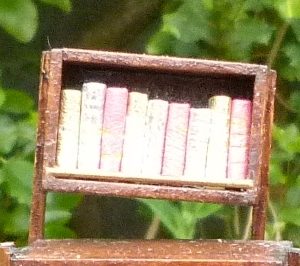 Mini-livres or. Mini-bibliothèque en balsa sur pilotis. Chaque élement regroupe des livres de même nature, en général : couleur.