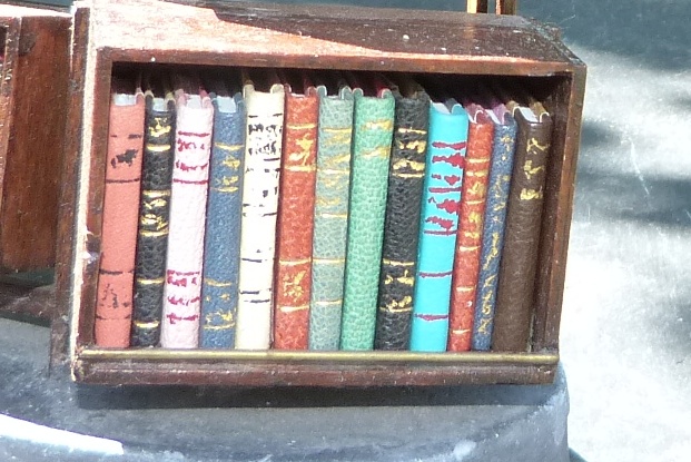 Mini-livresvariés. Mini-bibliothèque en balsa sur pilotis. Chaque élement regroupe des livres de même nature, en général : couleur.