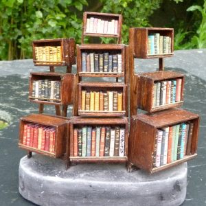 Vue d'ensemble. Mini-bibliothèque en balsa sur pilotis. Chaque élement regroupe des livres de même nature, en général : couleur.