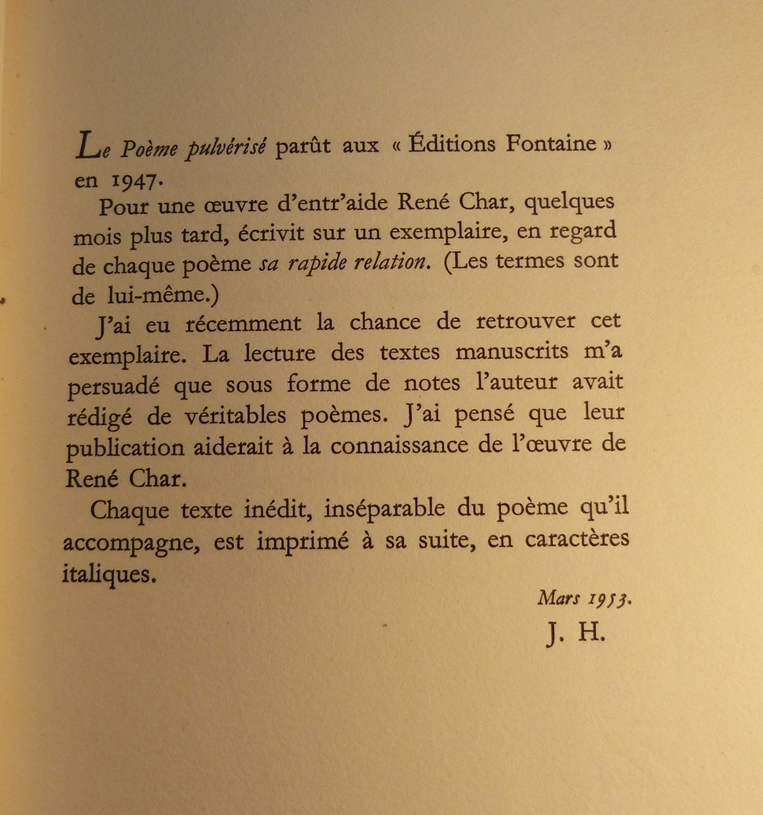 POème et arrière hisstoire du poème pulvérisé, explication de Jean Hugues.