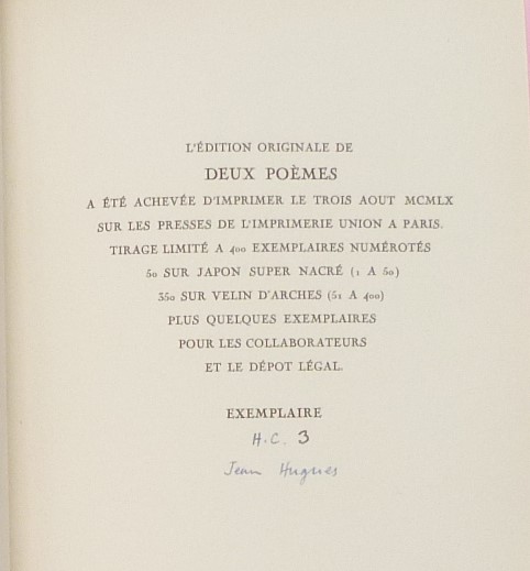 Deux poèmes de Paul Eluard et René Char, justificatif de tirage.