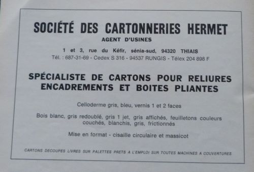 Publicités "Art et Métiers du livre" 1979/1983 (4)société des cartonneries Hermet.