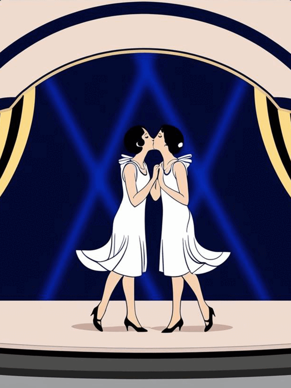 2 actrices s'embrassant sur scene de théatre dans un decor style Art deco
