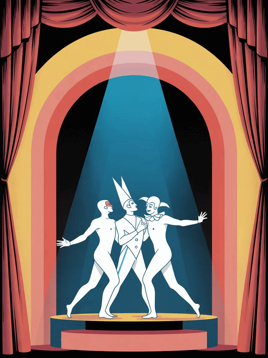 3 personnages sur une scene de théatre dans un decor style Art deco