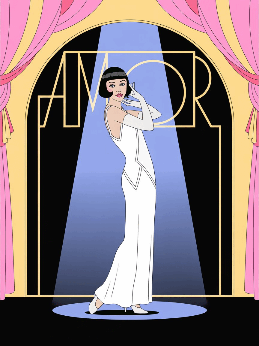 1 actrice de pantomime vetue de blanc sur une scene de théatre dans un decor style Art deco