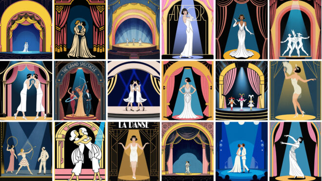 Miniatures de visuels générés par IA representant une scène de théatres dans les années 1920 dans un style Art Deco