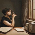 Biennale Mondiale de la reliure d'art 23026 et I.A. (3) L'écrivaine Colette assise à son bureau devant une fenêtre (image générée par IA)