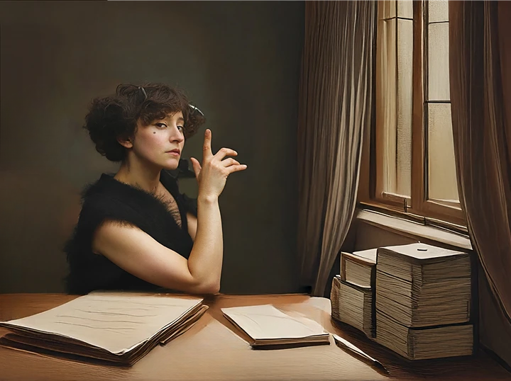 Biennale Mondiale de la reliure d'art 23026 et I.A. (3) L'écrivaine Colette assise à son bureau devant une fenêtre (image générée par IA)