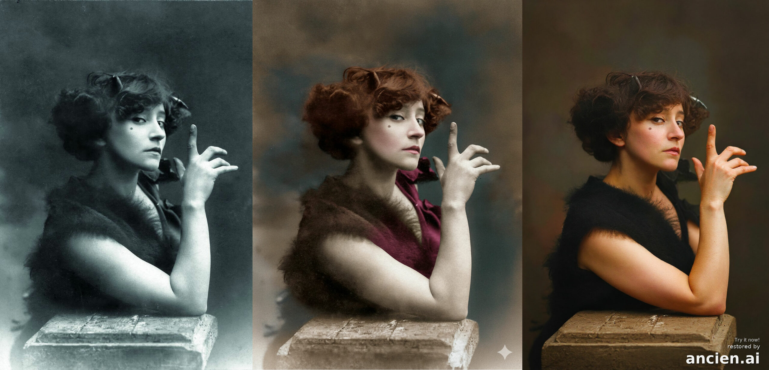 Biennale Mondiale de la reliure d'art 23026 et I.A. (3) tests de colorisation par IA sur un portrait de Colette de 1910