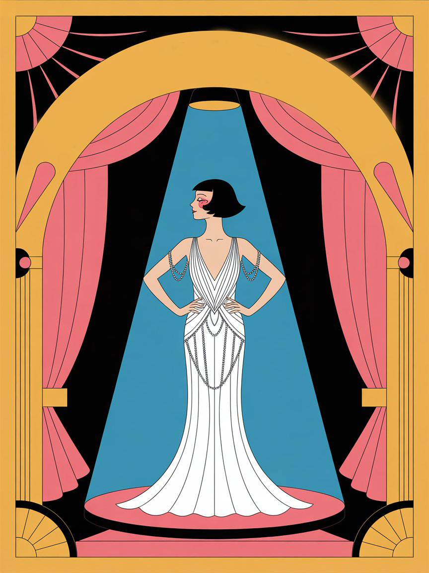 Une femme vêtue d'une robe blanche se tient sur une scene de theatre sous un projecteur dans un cadre Art Deco.