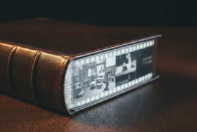 Une vue rapprochée d'une reliure posée sur une table en cuir dont la tranche se transforme progressivement en une pellicule de film 35mm transparente.