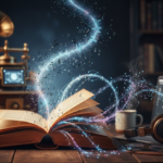 Un livre ancien ouvert dont les pages se transforment en une nuée de petites notes de musique et d'ondes numériques éthérées qui s'élèvent dans l'air.