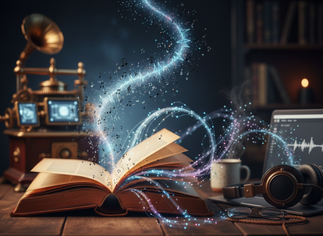 Un livre ancien ouvert dont les pages se transforment en une nuée de petites notes de musique et d'ondes numériques éthérées qui s'élèvent dans l'air.