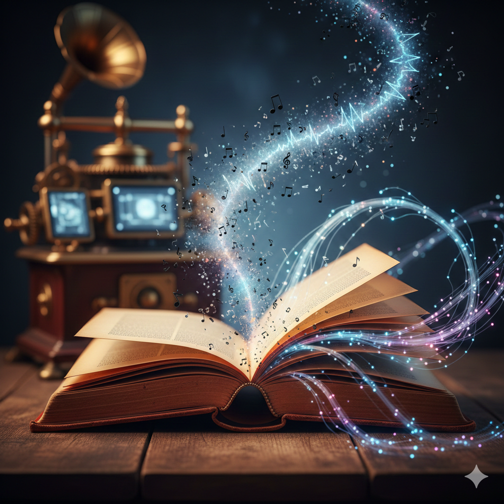 Un livre ancien ouvert dont les pages se transforment en une nuée de petites notes de musique et d'ondes numériques éthérées qui s'élèvent dans l'air.