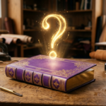 Point d'interrogation doré sur un livre relié en cuir violet dans un atelier de reliure