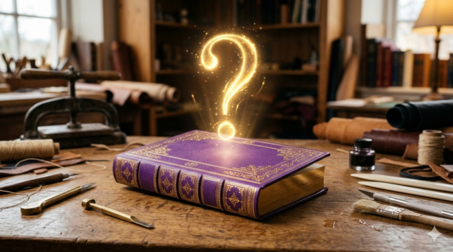 Point d'interrogation doré sur un livre relié en cuir violet dans un atelier de reliure